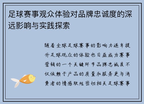 足球赛事观众体验对品牌忠诚度的深远影响与实践探索
