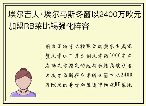 埃尔吉夫·埃尔马斯冬窗以2400万欧元加盟RB莱比锡强化阵容